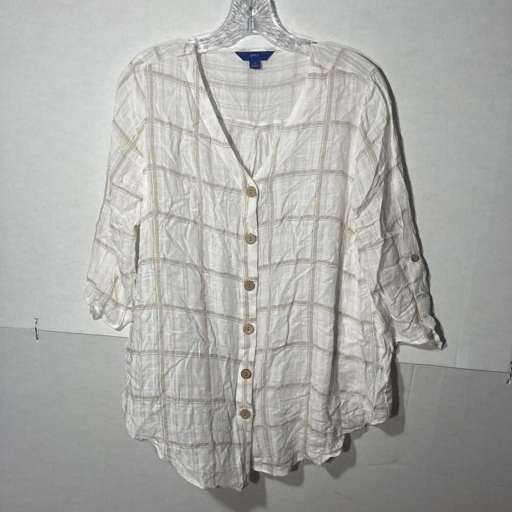APT  9 white tan window pane plaid 3/4 sleeves light weight button up top S
